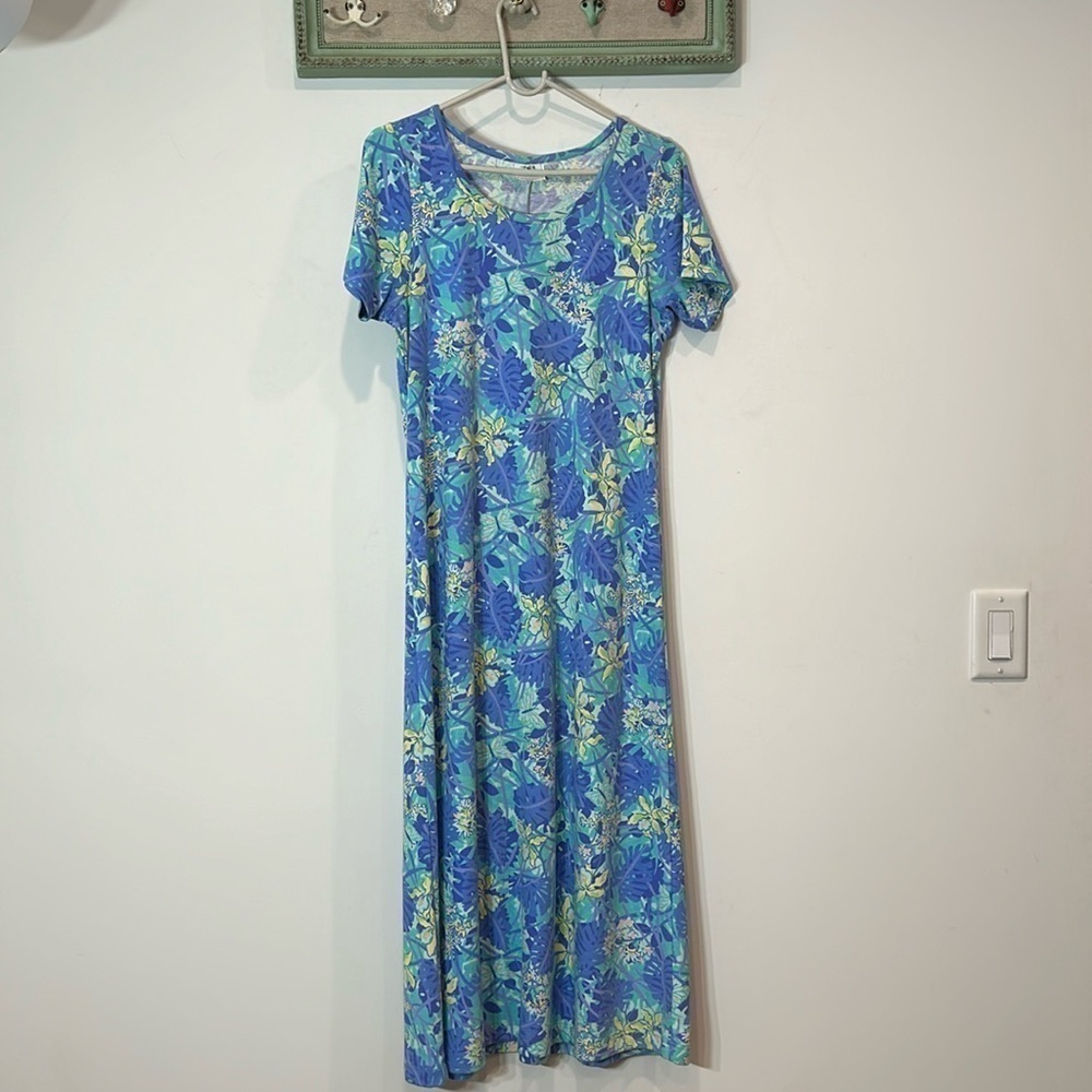 Vintage 90s TIKAL trading company tropical short sleeve maxi dress pastel blue